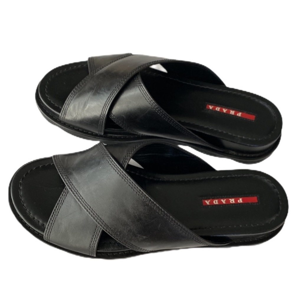 Prada Black Linea Rossa Leather Slide Sandals